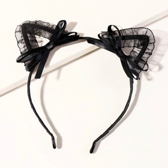Black Mesh & Ribbon Cat Ears Headband - Picture 4 of 6